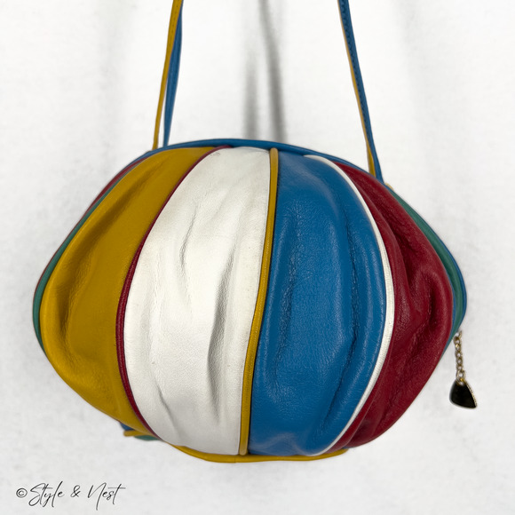 Brio Vintage Rainbow Leather Balloon Ball Shoulder Bag Retro Chic Romantic - Picture 4 of 10